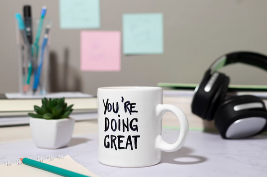 white  POD mug with headphone