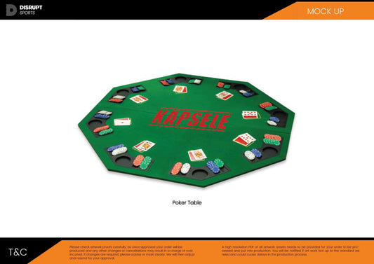 Close-up of a custom poker set on green felt: branded tuck box, full-color playing cards, and matching chips arranged for a deal.