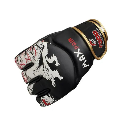 Close-up of custom MMA gloves with bold full-color branding on the back-of-hand and wrist strap, resting on the cage canvas before a bout.