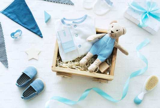 blue and white baby shower tools