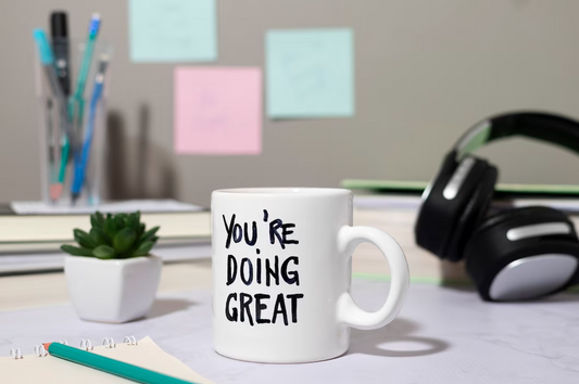 white  POD mug with headphone 