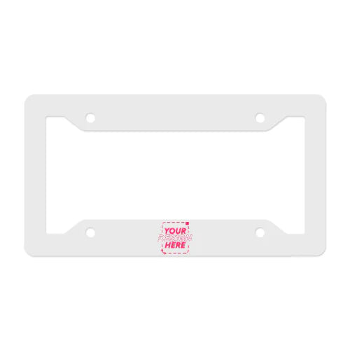 Close-up of a custom license plate frame with bold, high-contrast branding that leaves the state name and registration tabs unobstructed.