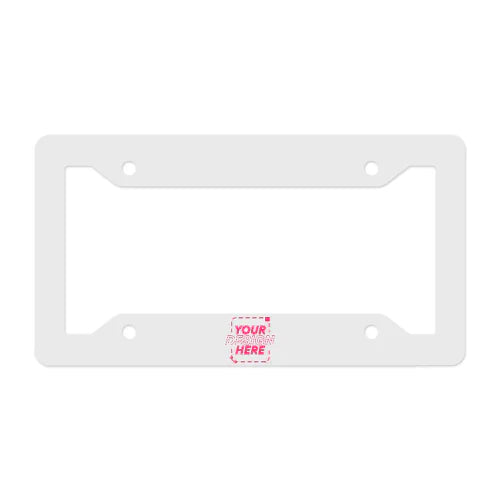 Close-up of a custom license plate frame with bold, high-contrast branding that leaves the state name and registration tabs unobstructed.