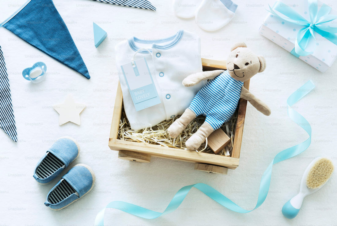 blue and white baby shower tools