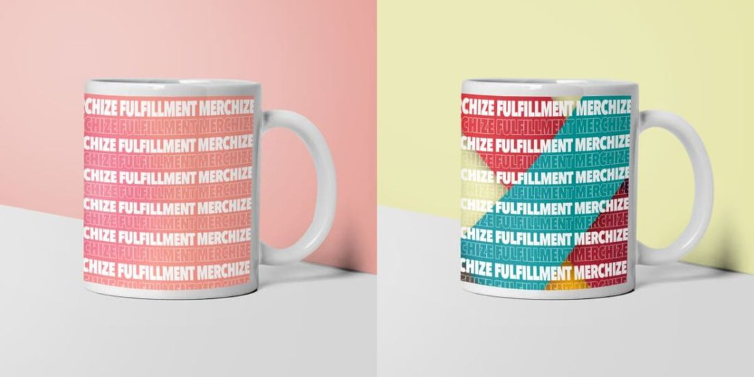 POD mugs with pink and yellow background 