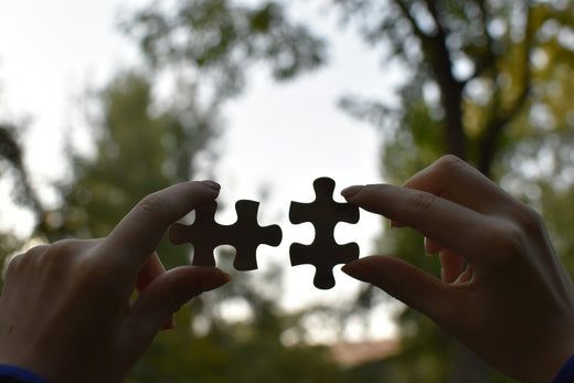 man holding 2 puzzle pieces pointing at the sky