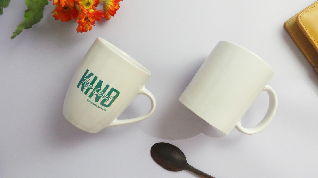 print on demand white mug with ‘kind” printed in green