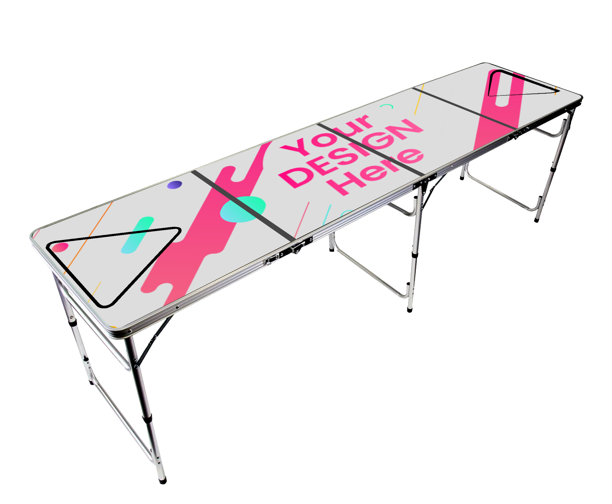 Folding beer pong table with customizable design area on a white background